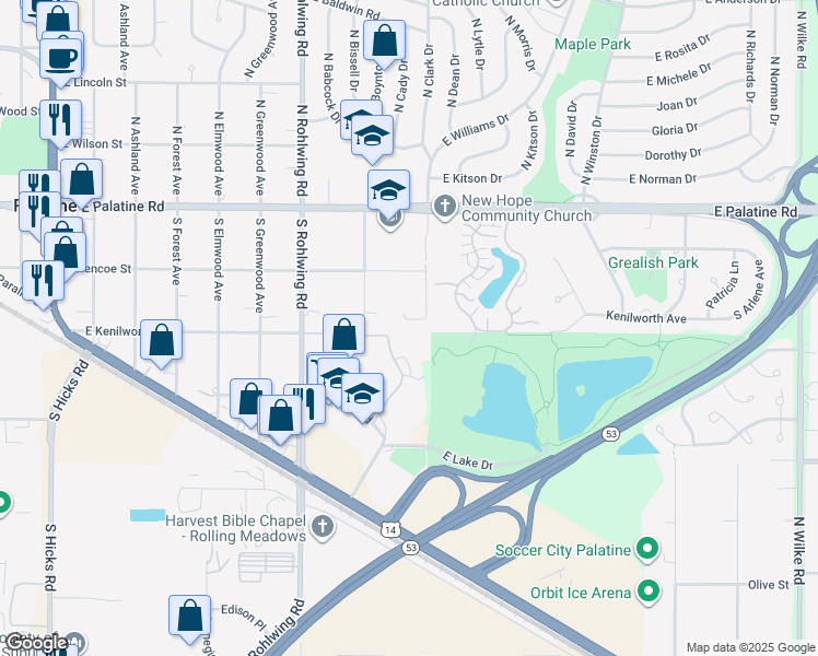 map of restaurants, bars, coffee shops, grocery stores, and more near 945 E Krista Ct in Palatine