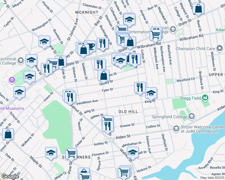 map of restaurants, bars, coffee shops, grocery stores, and more near 171 Tyler Street in Springfield