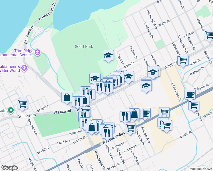 map of restaurants, bars, coffee shops, grocery stores, and more near 638 Algeria Rd in Erie