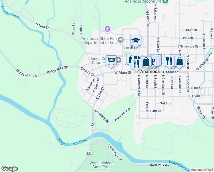 map of restaurants, bars, coffee shops, grocery stores, and more near 607 Crane Street in Anamosa