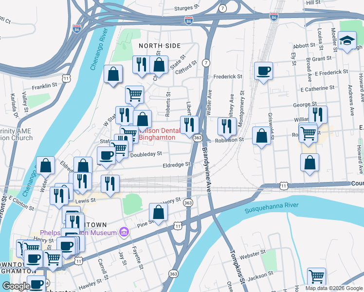map of restaurants, bars, coffee shops, grocery stores, and more near 25 Wales Avenue in Binghamton