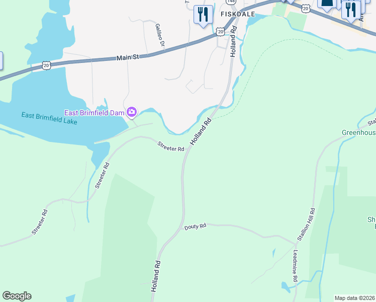map of restaurants, bars, coffee shops, grocery stores, and more near 62 Holland Road in Sturbridge