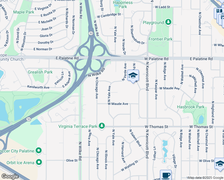 map of restaurants, bars, coffee shops, grocery stores, and more near 1703 North Yale Avenue in Arlington Heights