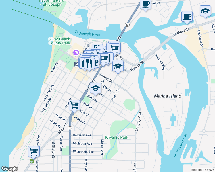 map of restaurants, bars, coffee shops, grocery stores, and more near 418 Church Street in St. Joseph