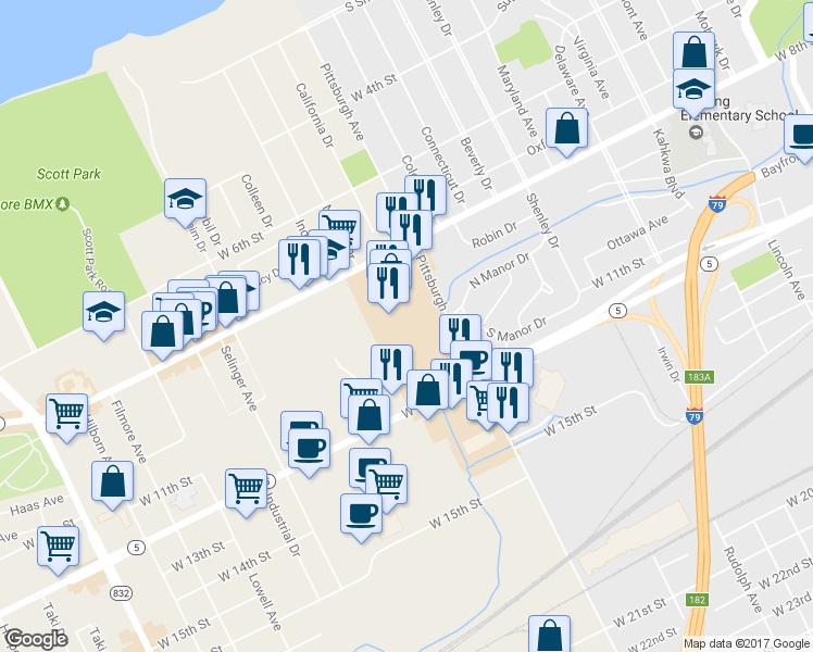 map of restaurants, bars, coffee shops, grocery stores, and more near 960 West Erie Plaza Drive in Erie