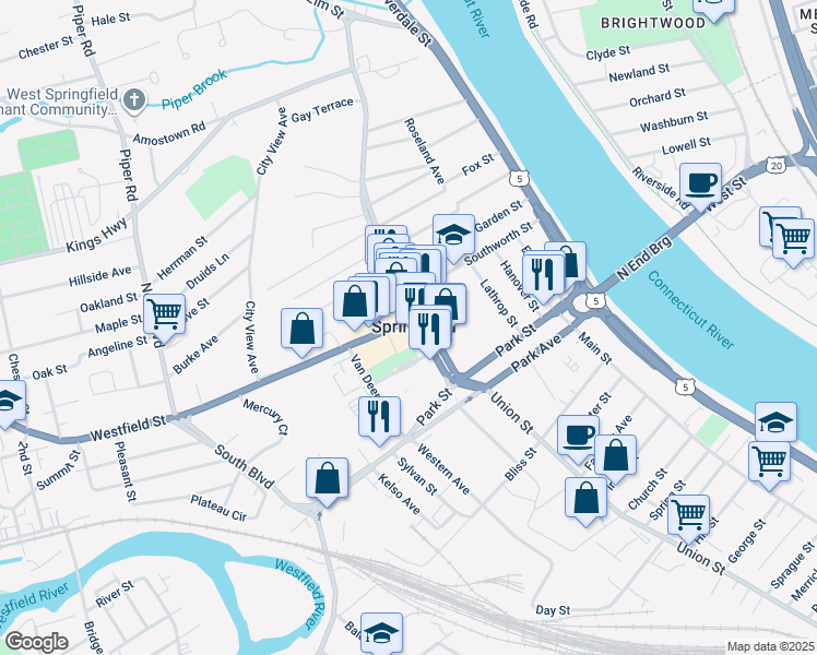 map of restaurants, bars, coffee shops, grocery stores, and more near 116 Elm Street in West Springfield