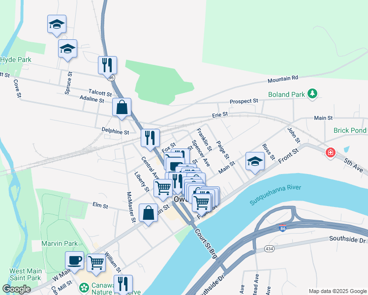 map of restaurants, bars, coffee shops, grocery stores, and more near 91 Chestnut Street in Owego