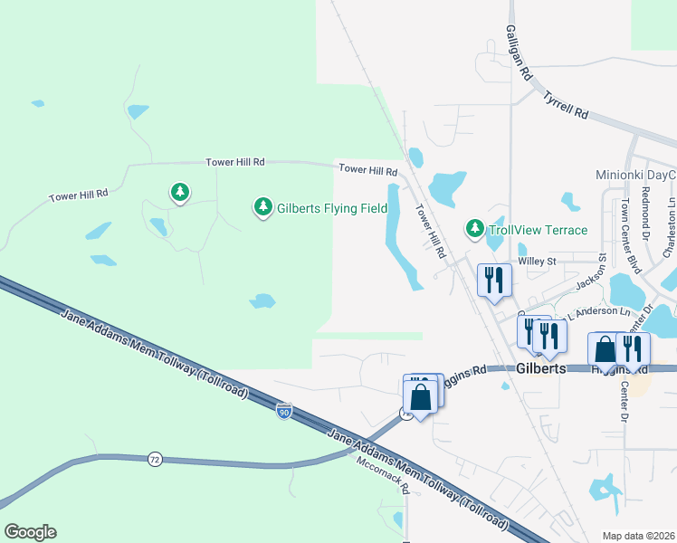 map of restaurants, bars, coffee shops, grocery stores, and more near 244 Tyler Creek Street in Gilberts