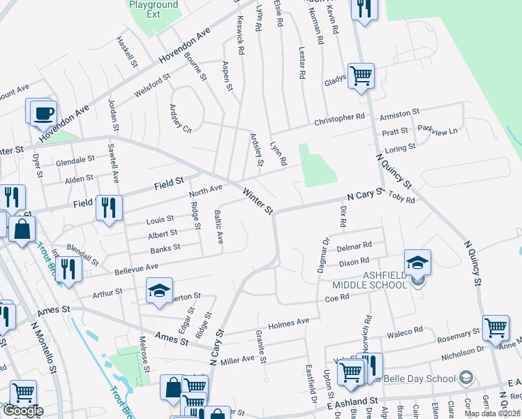 map of restaurants, bars, coffee shops, grocery stores, and more near 411 Winter Street in Brockton