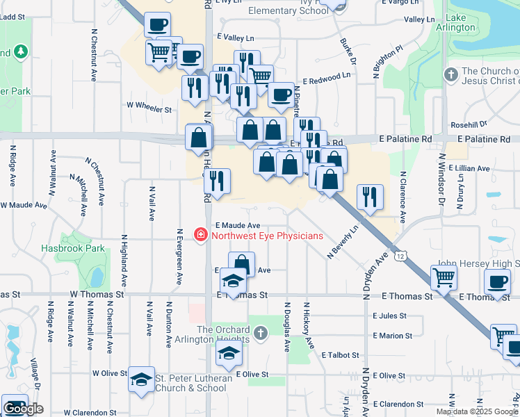 map of restaurants, bars, coffee shops, grocery stores, and more near 1689 North Belmont Court in Arlington Heights