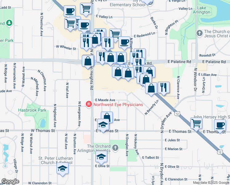 map of restaurants, bars, coffee shops, grocery stores, and more near 1689 N Belmont Ct in Arlington Heights
