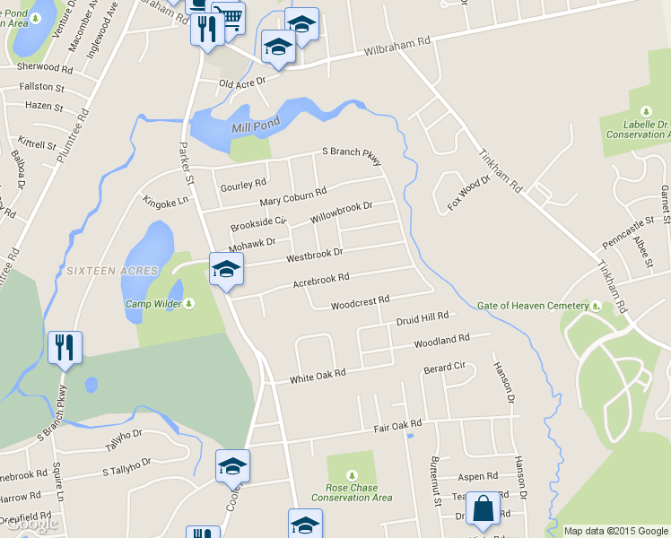 map of restaurants, bars, coffee shops, grocery stores, and more near 140 Acrebrook Road in Springfield