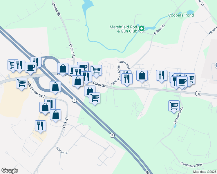 map of restaurants, bars, coffee shops, grocery stores, and more near 980 Plain Street in Marshfield