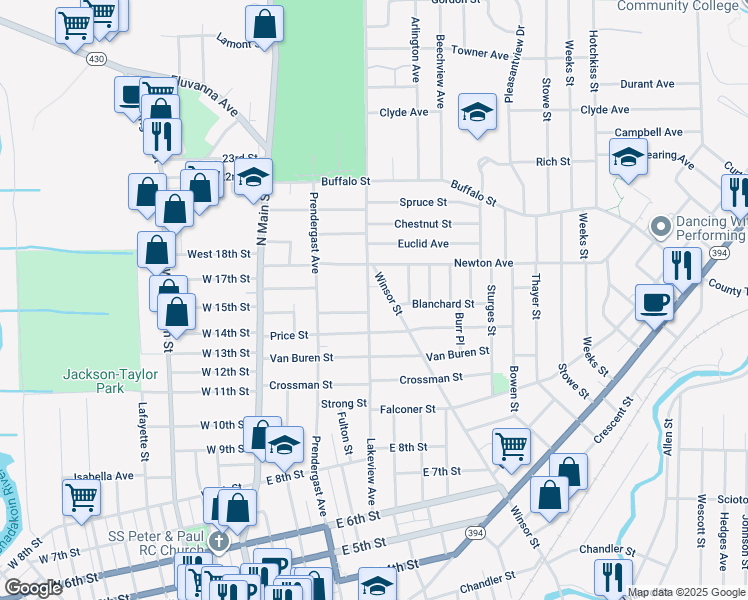 map of restaurants, bars, coffee shops, grocery stores, and more near 540 Lakeview Avenue in Jamestown