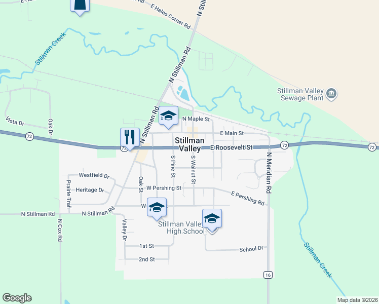 map of restaurants, bars, coffee shops, grocery stores, and more near 102 West Roosevelt Street in Stillman Valley