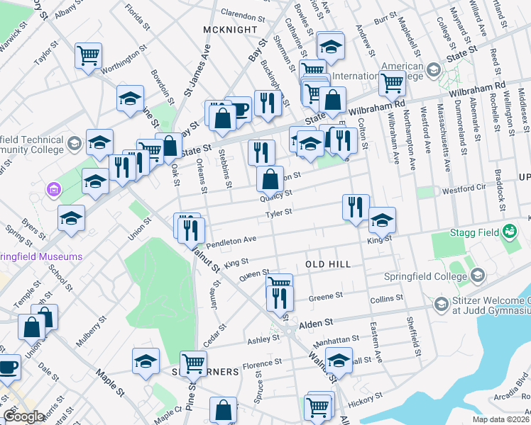 map of restaurants, bars, coffee shops, grocery stores, and more near 116 Hancock Street in Springfield