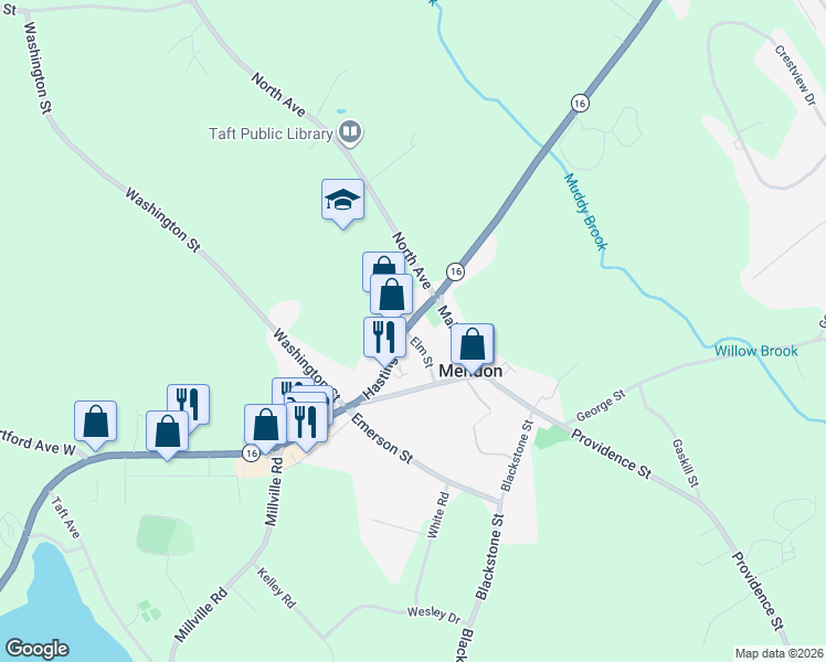map of restaurants, bars, coffee shops, grocery stores, and more near 8 Hastings Street in Mendon