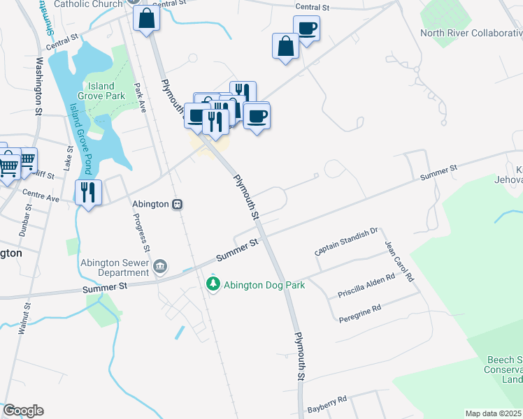 map of restaurants, bars, coffee shops, grocery stores, and more near 11 Belcher Street in Abington