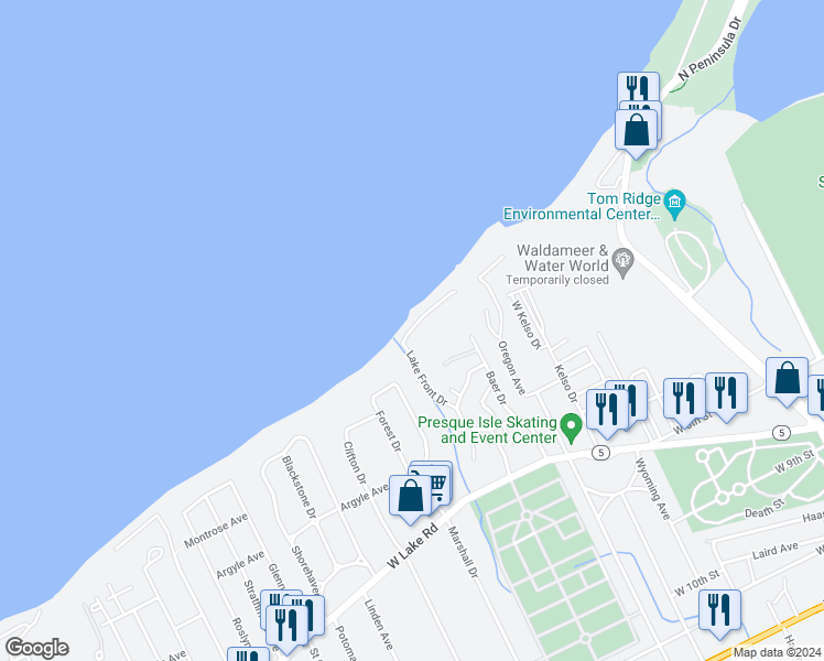 map of restaurants, bars, coffee shops, grocery stores, and more near 3299 Lake Front Drive in Erie