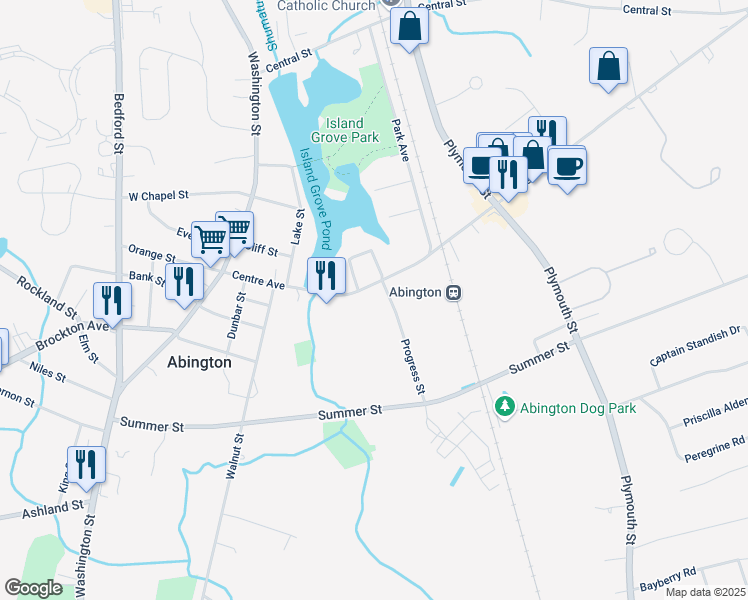 map of restaurants, bars, coffee shops, grocery stores, and more near 155 Centre Avenue in Abington