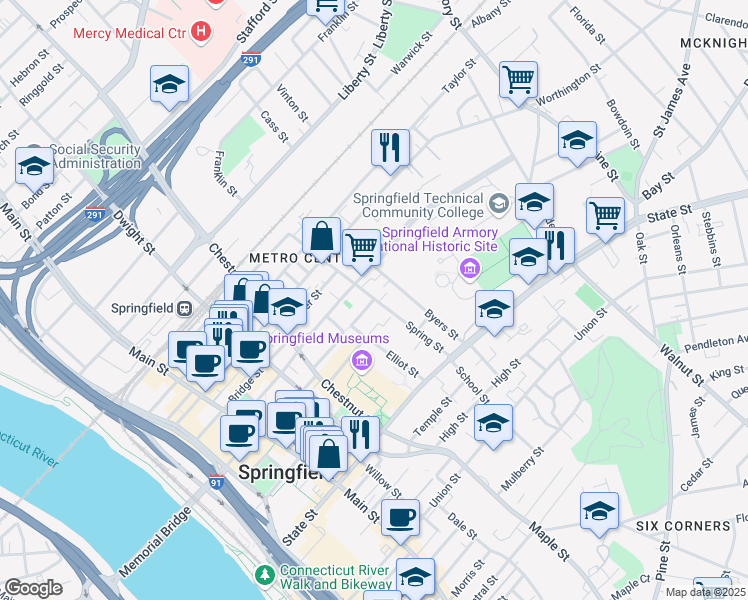 map of restaurants, bars, coffee shops, grocery stores, and more near 79 Spring Street in Springfield