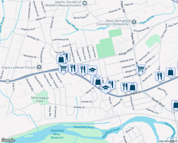 map of restaurants, bars, coffee shops, grocery stores, and more near 30 Maple Terrace in West Springfield