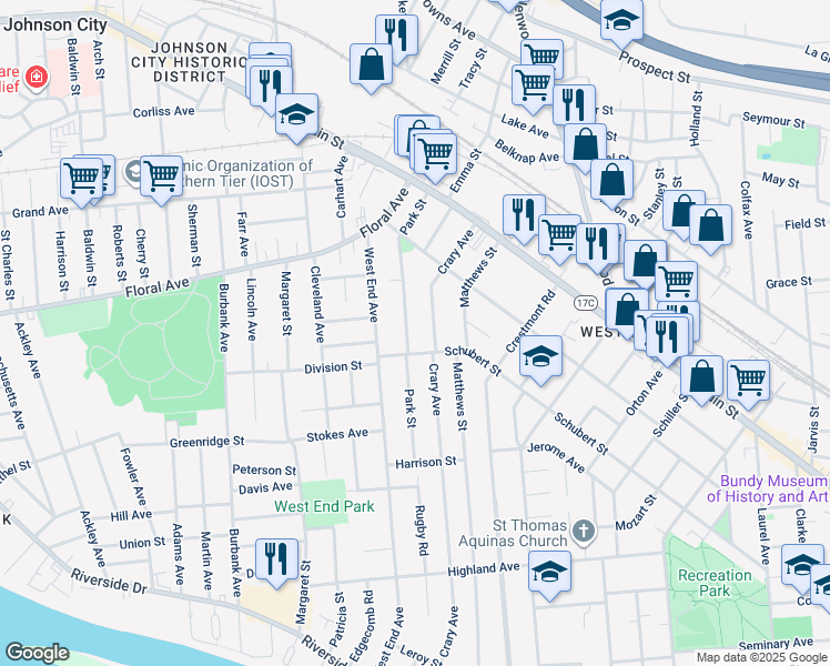 map of restaurants, bars, coffee shops, grocery stores, and more near 48-50 Park Street in Binghamton