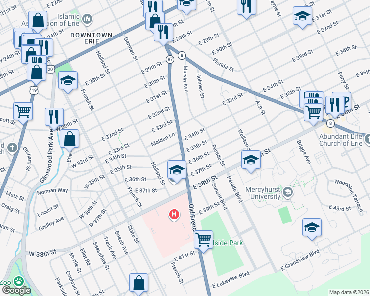 map of restaurants, bars, coffee shops, grocery stores, and more near 3422 Old French Rd in Erie