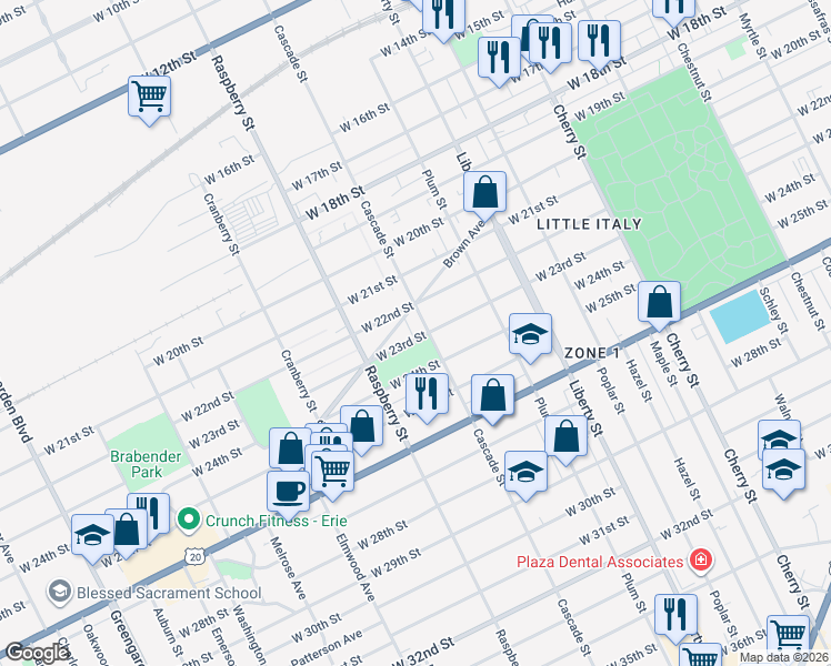 map of restaurants, bars, coffee shops, grocery stores, and more near 1026 West 23rd Street in Erie