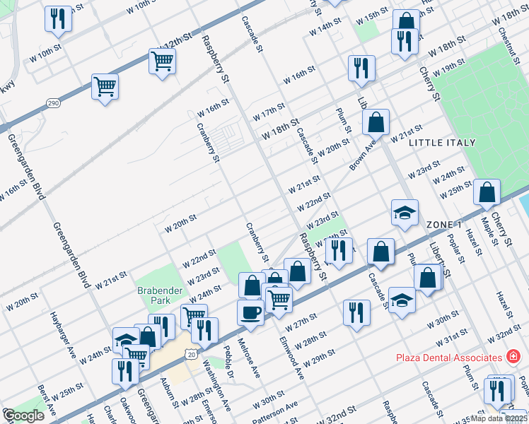 map of restaurants, bars, coffee shops, grocery stores, and more near 1124 West 22nd Street in Erie