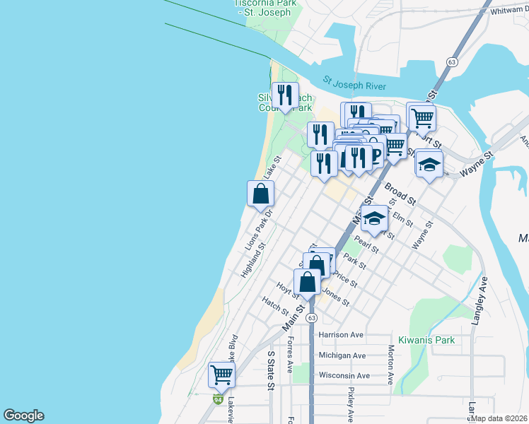 map of restaurants, bars, coffee shops, grocery stores, and more near 806 Lions Park Drive in St. Joseph