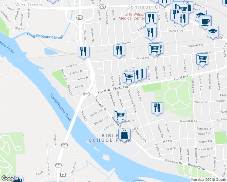 map of restaurants, bars, coffee shops, grocery stores, and more near 346 Floral Avenue in Johnson City