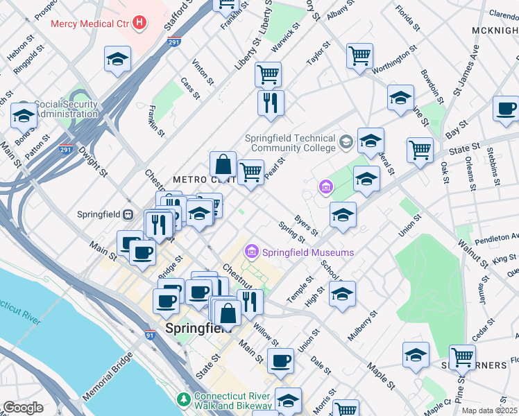 map of restaurants, bars, coffee shops, grocery stores, and more near Spring Street in Springfield