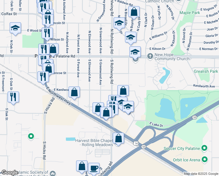 map of restaurants, bars, coffee shops, grocery stores, and more near 747 East Kenilworth Avenue in Palatine