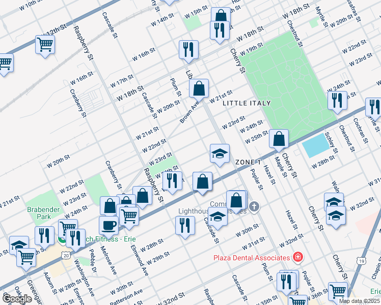 map of restaurants, bars, coffee shops, grocery stores, and more near 2310 Plum Street in Erie