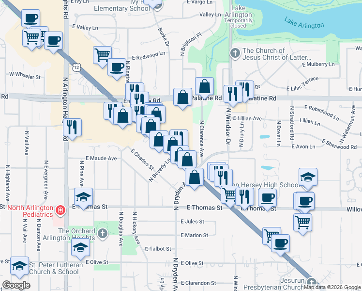 map of restaurants, bars, coffee shops, grocery stores, and more near 816 East Rand Road in Arlington Heights