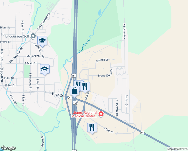map of restaurants, bars, coffee shops, grocery stores, and more near 1611 Breca Ridge Drive in Anamosa
