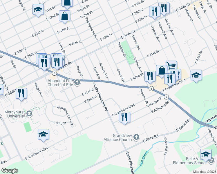 map of restaurants, bars, coffee shops, grocery stores, and more near 4122 Pine Ave in Erie