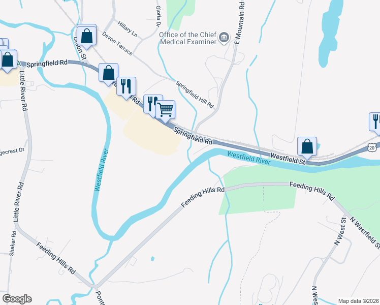 map of restaurants, bars, coffee shops, grocery stores, and more near 189 Springfield Road in Westfield