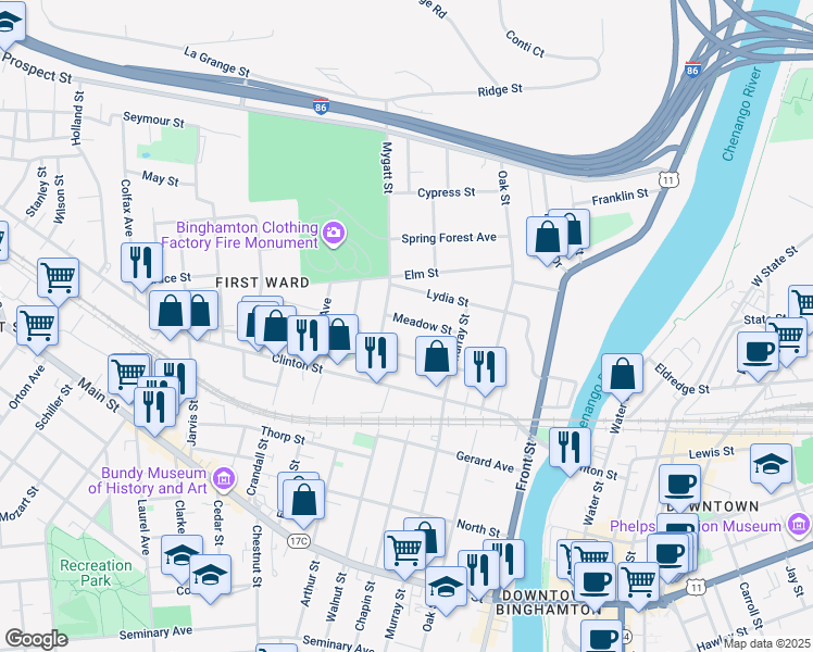 map of restaurants, bars, coffee shops, grocery stores, and more near 23 Meadow Street in Binghamton
