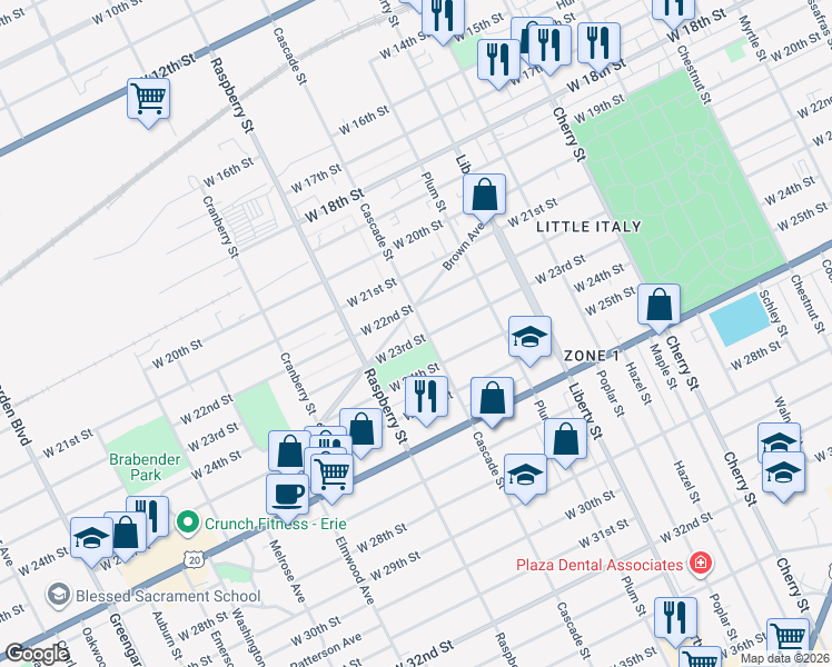 map of restaurants, bars, coffee shops, grocery stores, and more near 1026 West 23rd Street in Erie