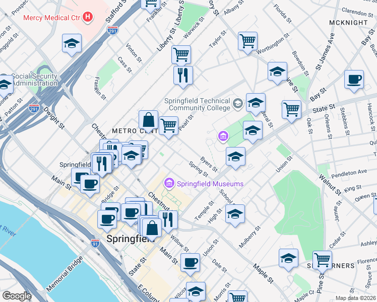 map of restaurants, bars, coffee shops, grocery stores, and more near 86 Byers Street in Springfield