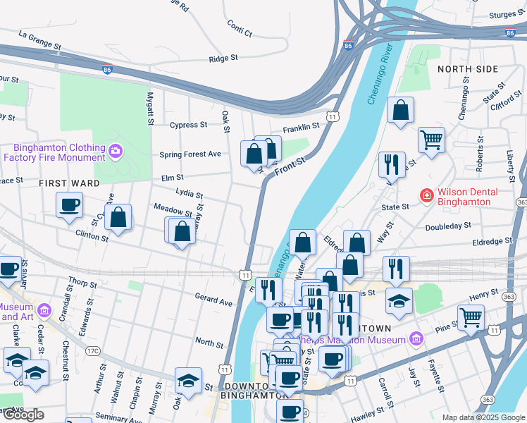 map of restaurants, bars, coffee shops, grocery stores, and more near 252 Front Street in Binghamton