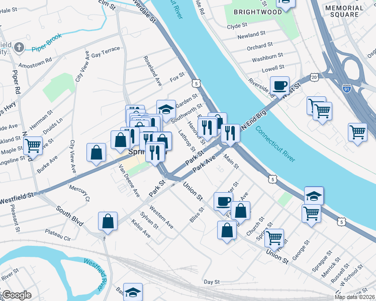 map of restaurants, bars, coffee shops, grocery stores, and more near 108 Park Street in West Springfield