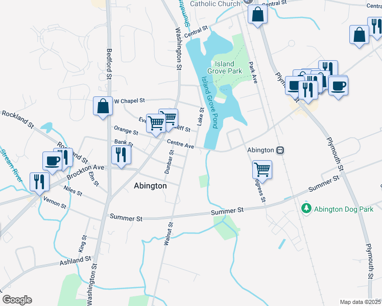 map of restaurants, bars, coffee shops, grocery stores, and more near 29 Cherry Street in Abington