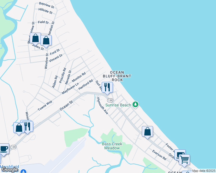 map of restaurants, bars, coffee shops, grocery stores, and more near 44 Oregon Road in Marshfield