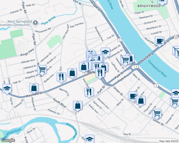 map of restaurants, bars, coffee shops, grocery stores, and more near 76 Westfield Street in West Springfield
