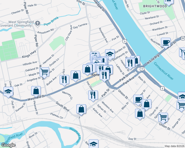 map of restaurants, bars, coffee shops, grocery stores, and more near 68 Westfield Street in West Springfield