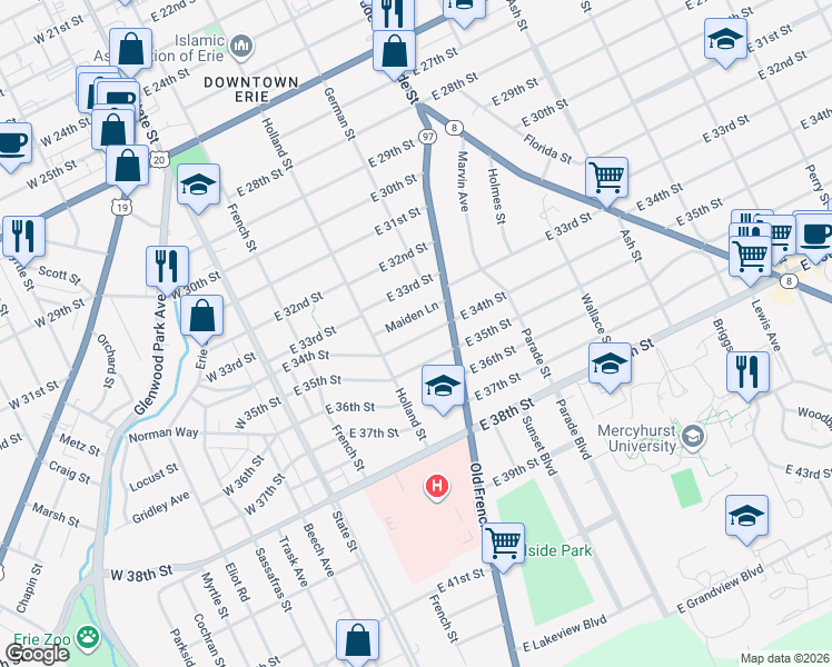 map of restaurants, bars, coffee shops, grocery stores, and more near 240 East 34th Street in Erie