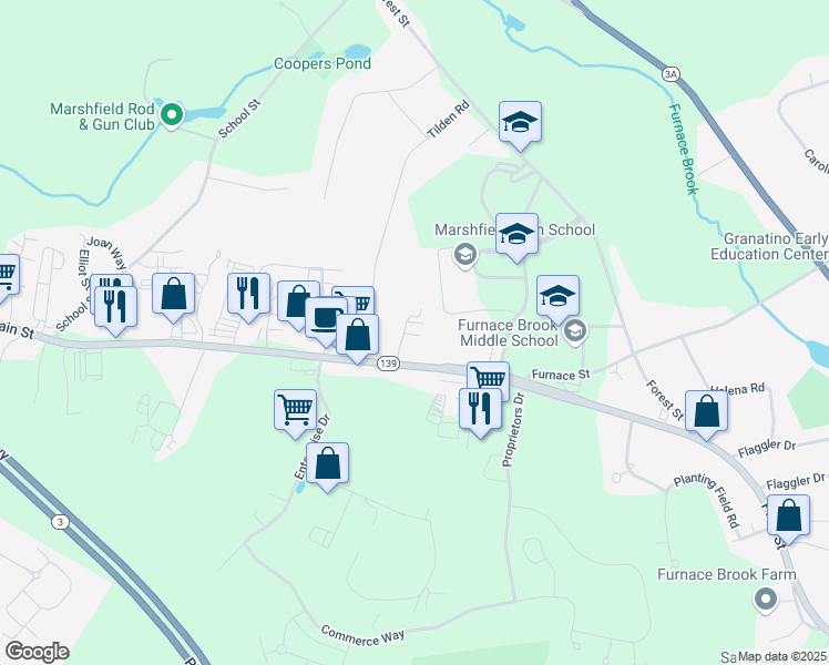 map of restaurants, bars, coffee shops, grocery stores, and more near 658 Plain Street in Marshfield